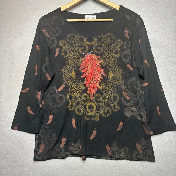 Cactus Bay Red Chili Pepper Shirt XXL Long Sleeve Rhinestone Boho Western Chic - Picture 1 of 6